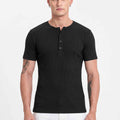 Men Solid Round Neck Button Placket Ribbed Black Henley T-Shirt