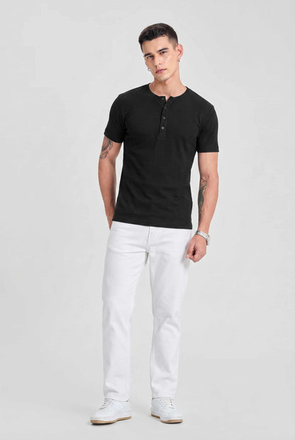 Men Solid Round Neck Button Placket Ribbed Black Henley T-Shirt