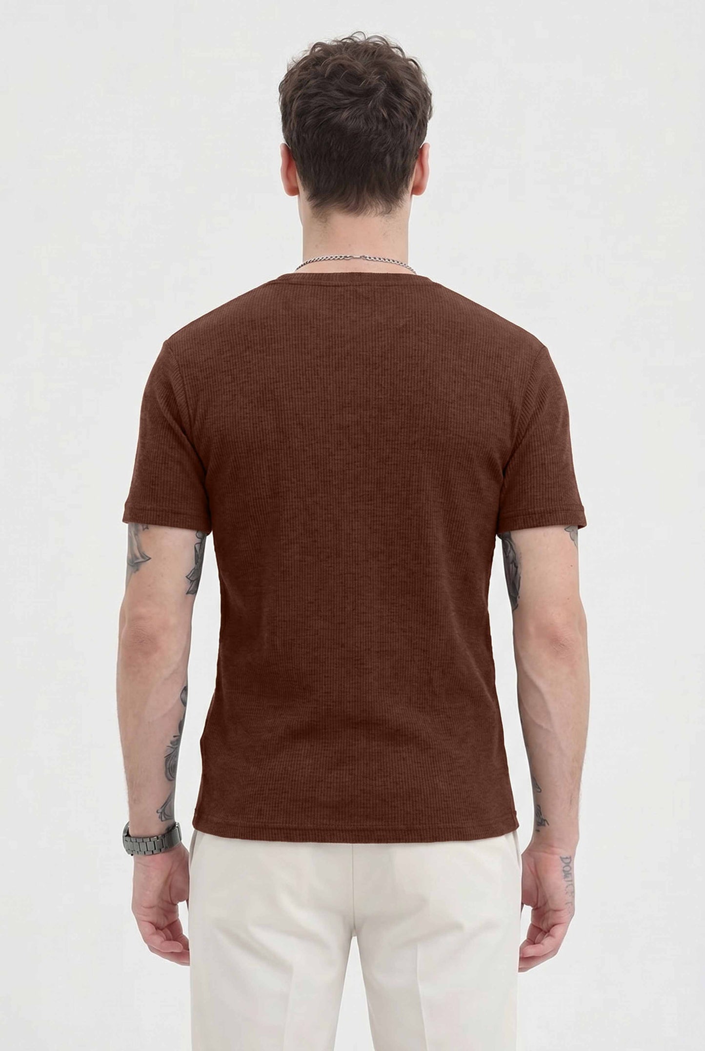 Men Solid Round Neck Button Placket Ribbed Brown Henley T-Shirt
