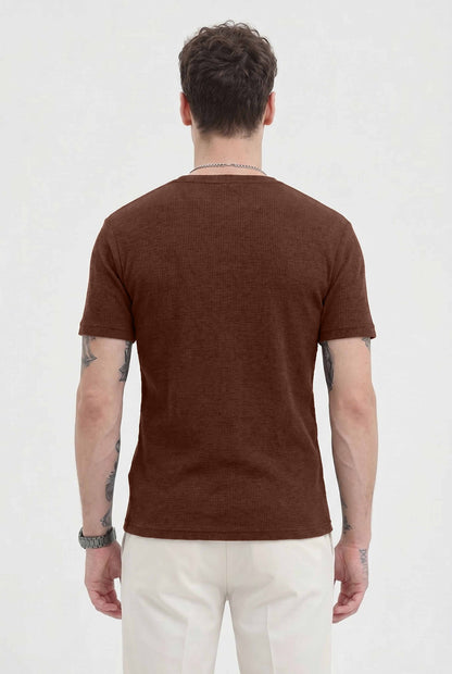 Men Solid Round Neck Button Placket Ribbed Brown Henley T-Shirt