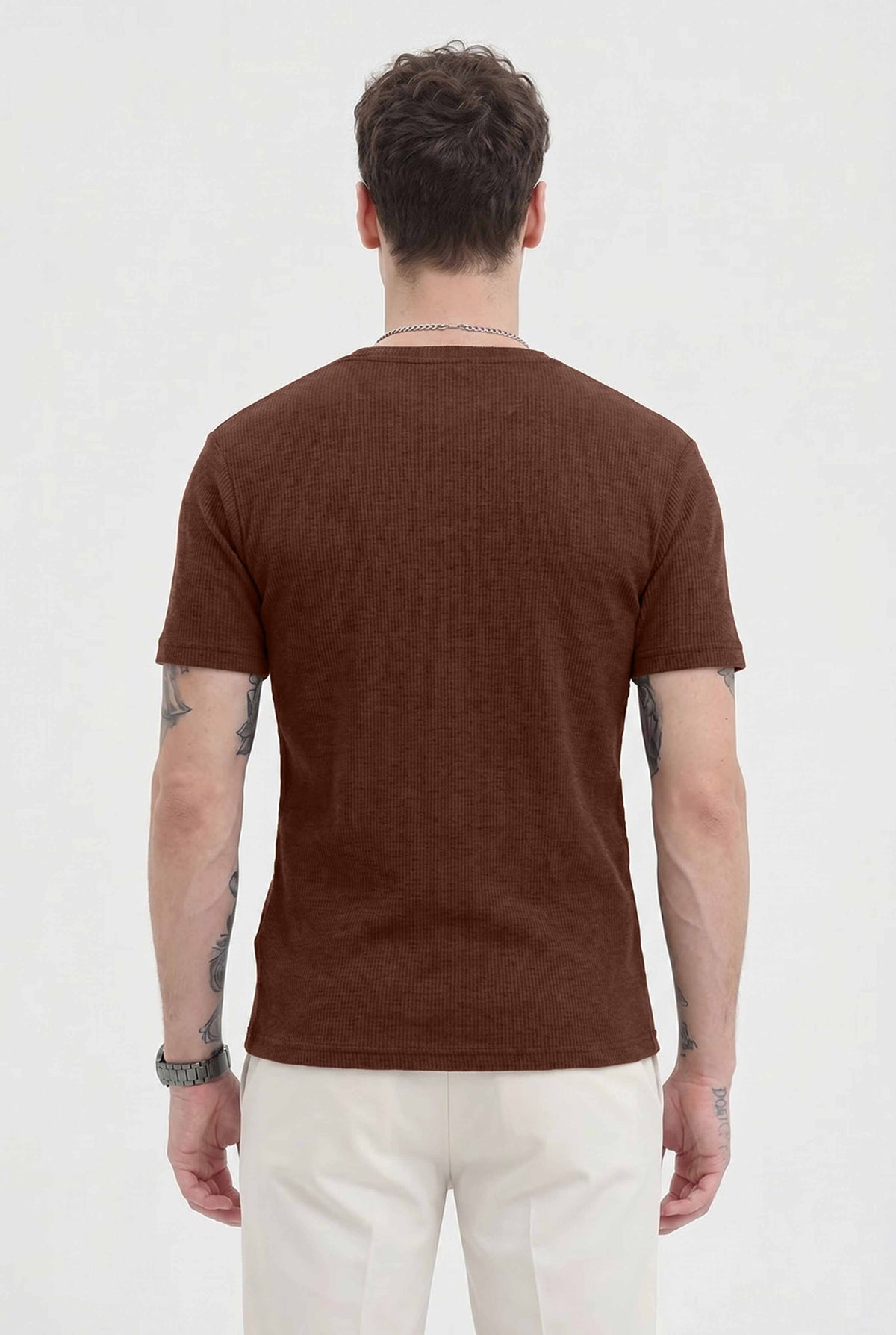 Men Solid Round Neck Button Placket Ribbed Brown Henley T-Shirt
