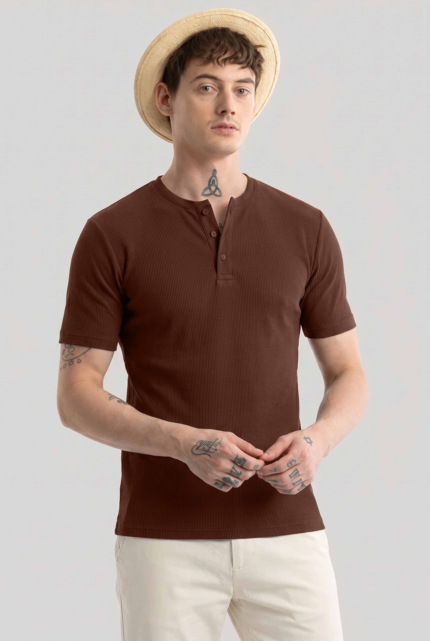 Men Solid Round Neck Button Placket Ribbed Brown Henley T-Shirt