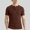Men Solid Round Neck Button Placket Ribbed Brown Henley T-Shirt