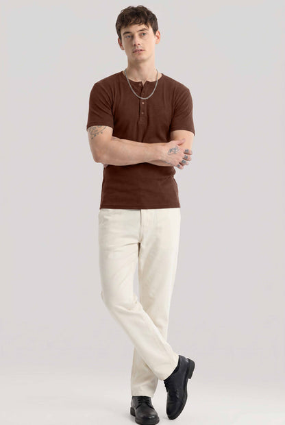 Men Solid Round Neck Button Placket Ribbed Brown Henley T-Shirt