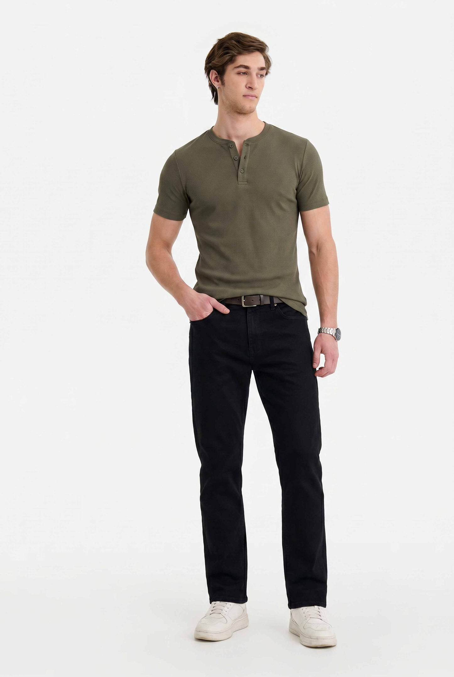 Men Solid Round Neck Button Placket Ribbed Dark Green Henley T-Shirt