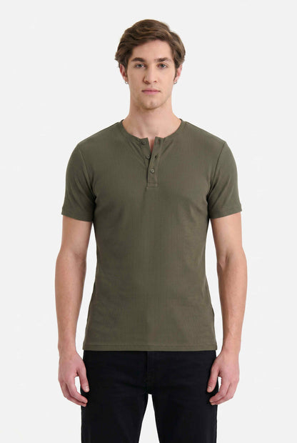 Men Solid Round Neck Button Placket Ribbed Dark Green Henley T-Shirt