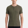 Men Solid Round Neck Button Placket Ribbed Dark Green Henley T-Shirt