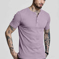 Men Solid Round Neck Button Placket Ribbed Lavender Henley T-Shirt
