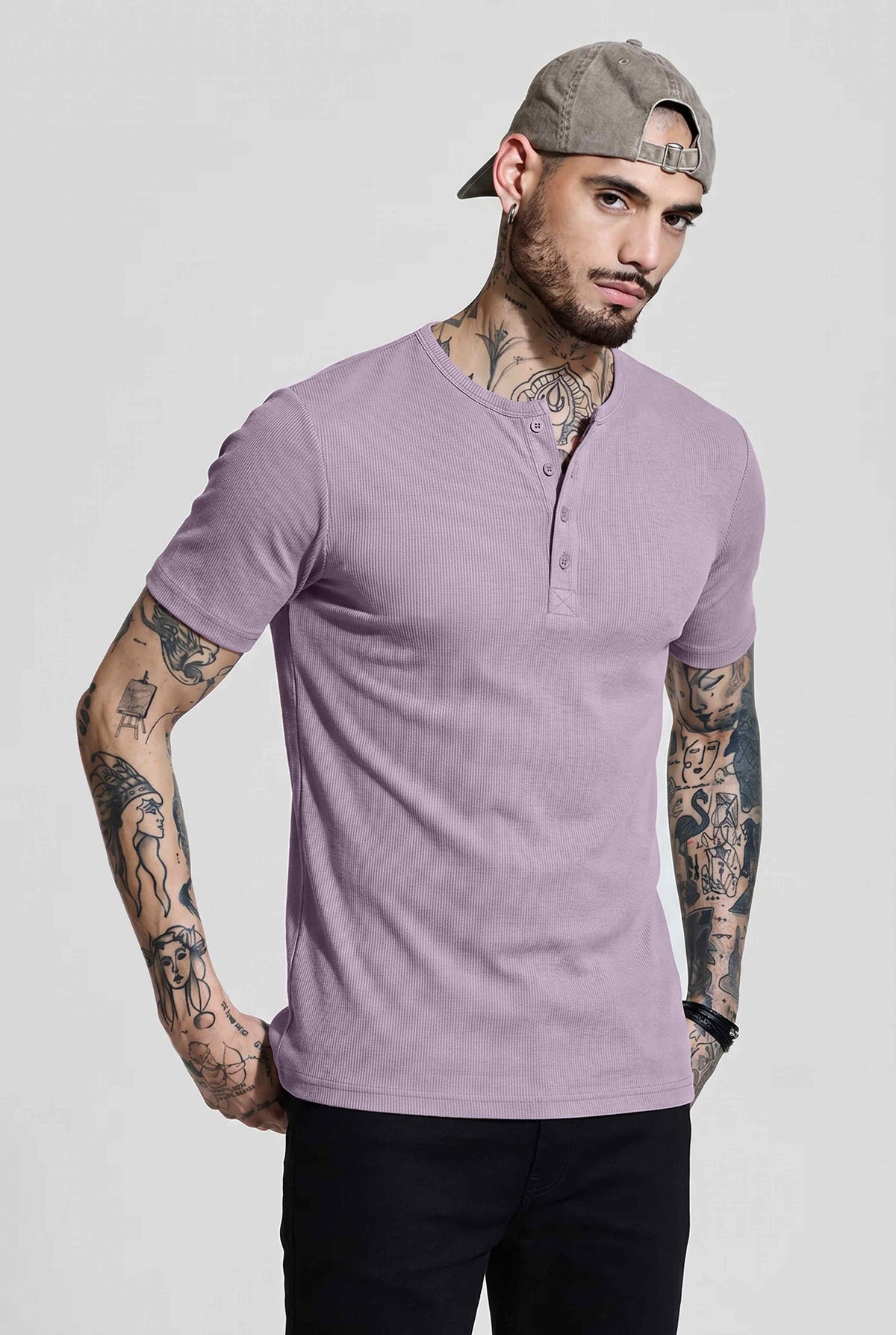 Men Solid Round Neck Button Placket Ribbed Lavender Henley T-Shirt