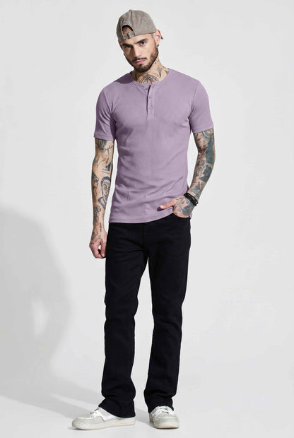 Men Solid Round Neck Button Placket Ribbed Lavender Henley T-Shirt