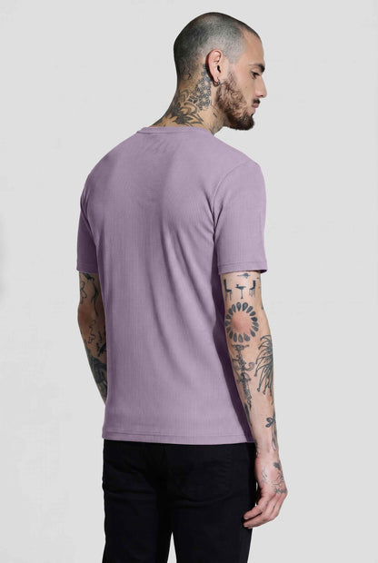 Men Solid Round Neck Button Placket Ribbed Lavender Henley T-Shirt