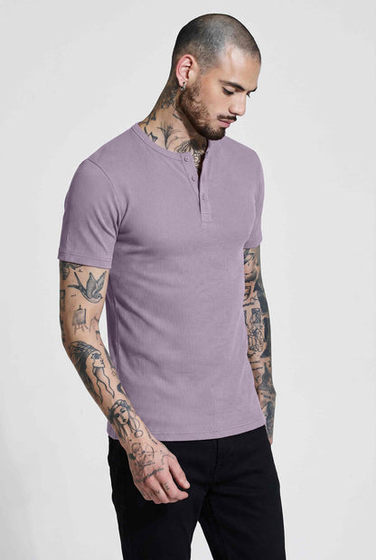 Men Solid Round Neck Button Placket Ribbed Lavender Henley T-Shirt