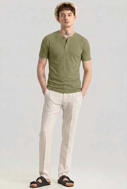 Men Solid Round Neck Button Placket Ribbed Light Green Henley T-Shirt