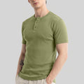 Men Solid Round Neck Button Placket Ribbed Light Green Henley T-Shirt