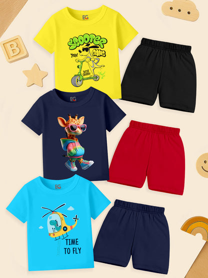 Kids cartoon printed T-shirt and shorts sets in yellow, navy, and blue with fun designs.