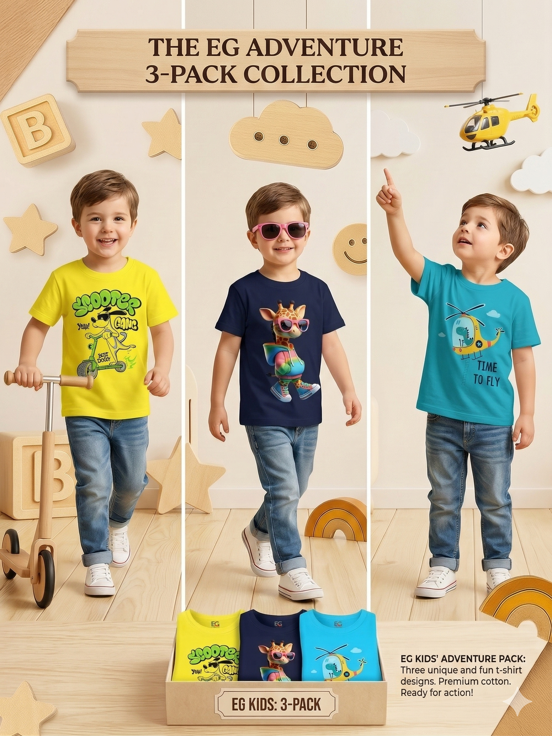 Kids wearing colorful adventure-themed t-shirts 3-pack set, playful indoor setting.