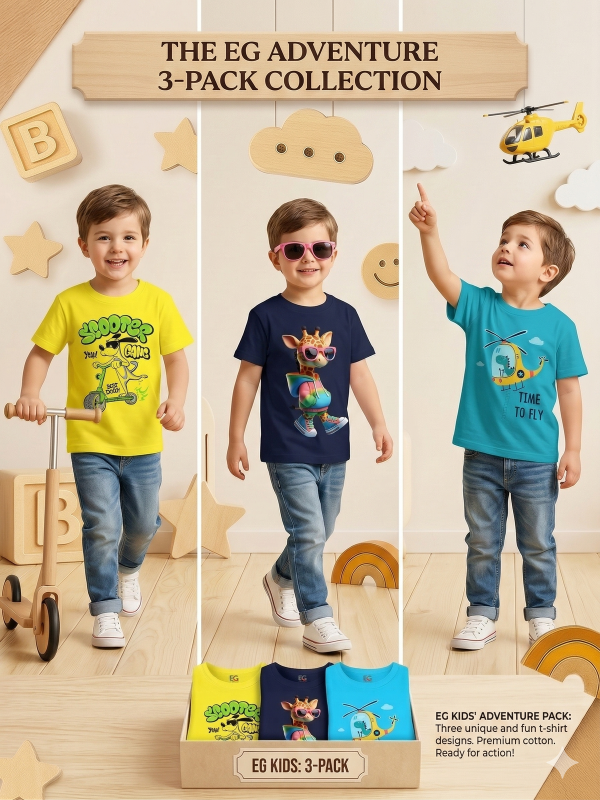 Kids wearing colorful adventure-themed t-shirts 3-pack set, playful indoor setting.