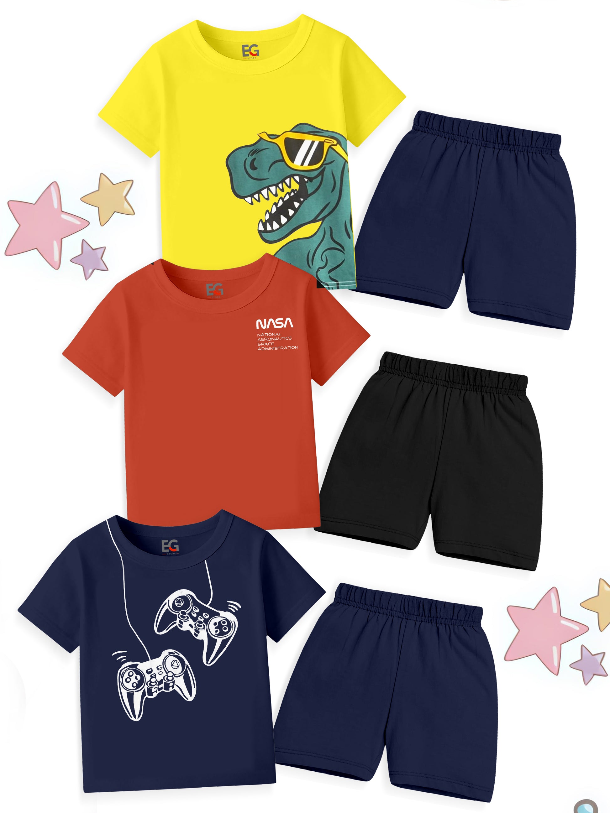 Three boys' t-shirt and shorts sets with dinosaur, NASA, and game controller prints.