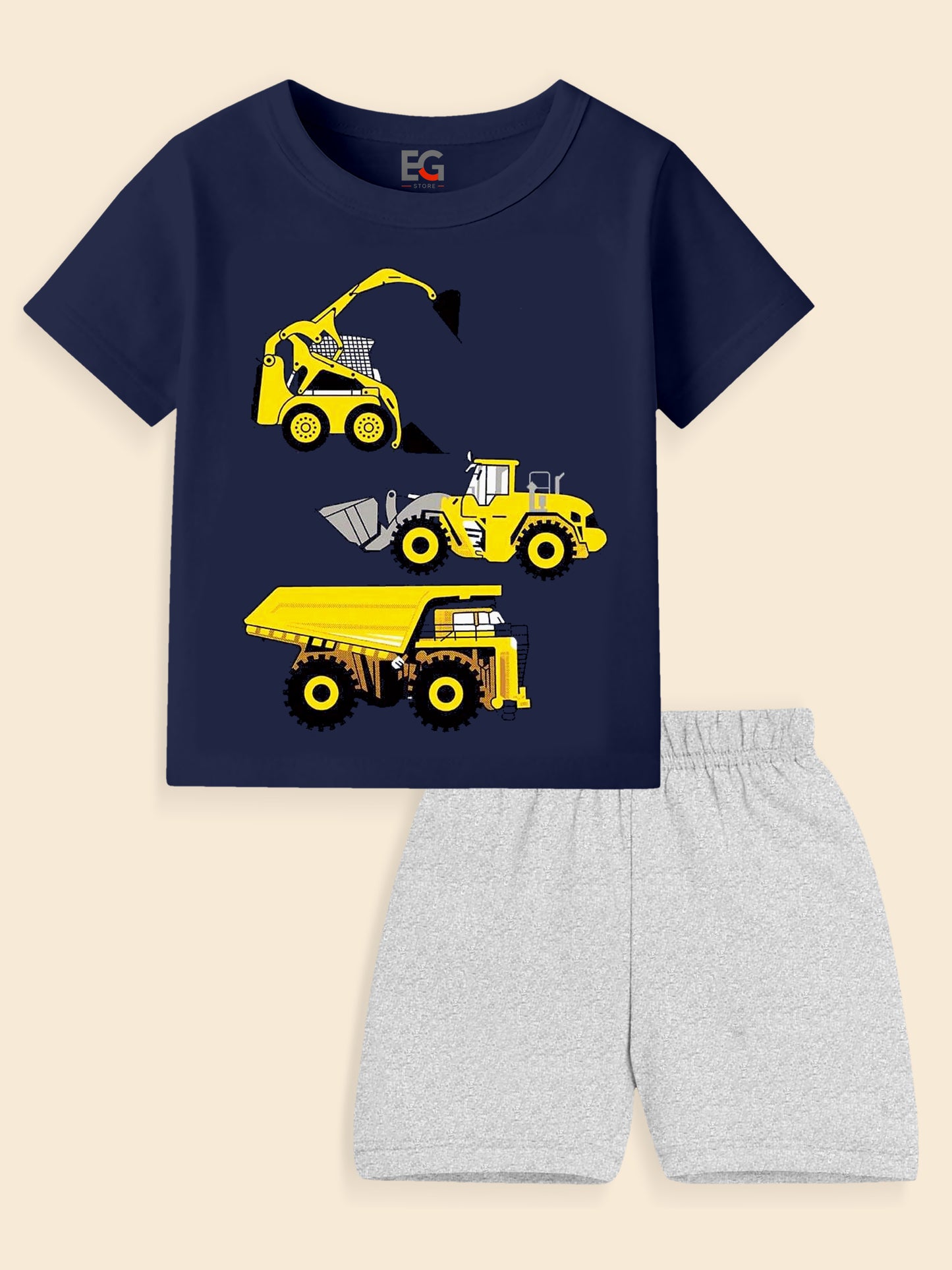 Boys navy blue T-shirt with yellow construction vehicles and light grey shorts set