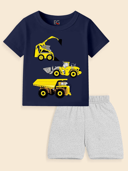 Boys navy blue T-shirt with yellow construction vehicles and light grey shorts set