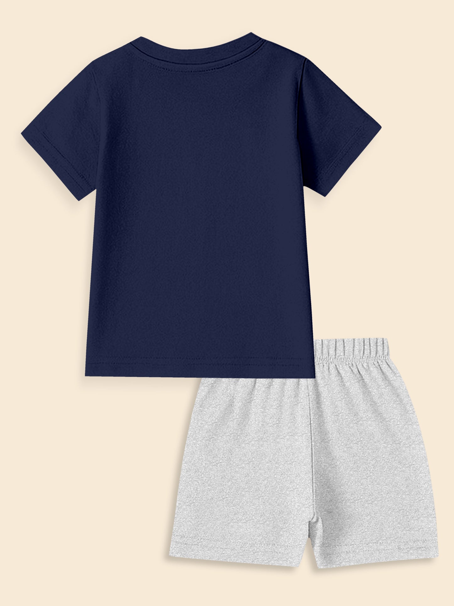 Kids' navy blue t-shirt and light gray shorts set, back view, on neutral background