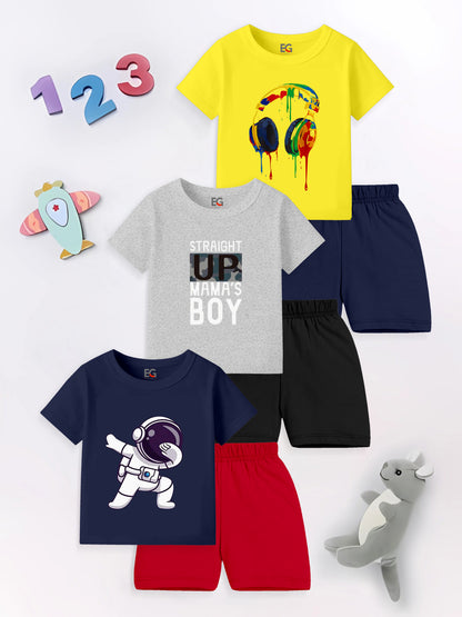 Boys' t-shirt and shorts sets with headphone, astronaut, and text designs, plus toys and numbers.