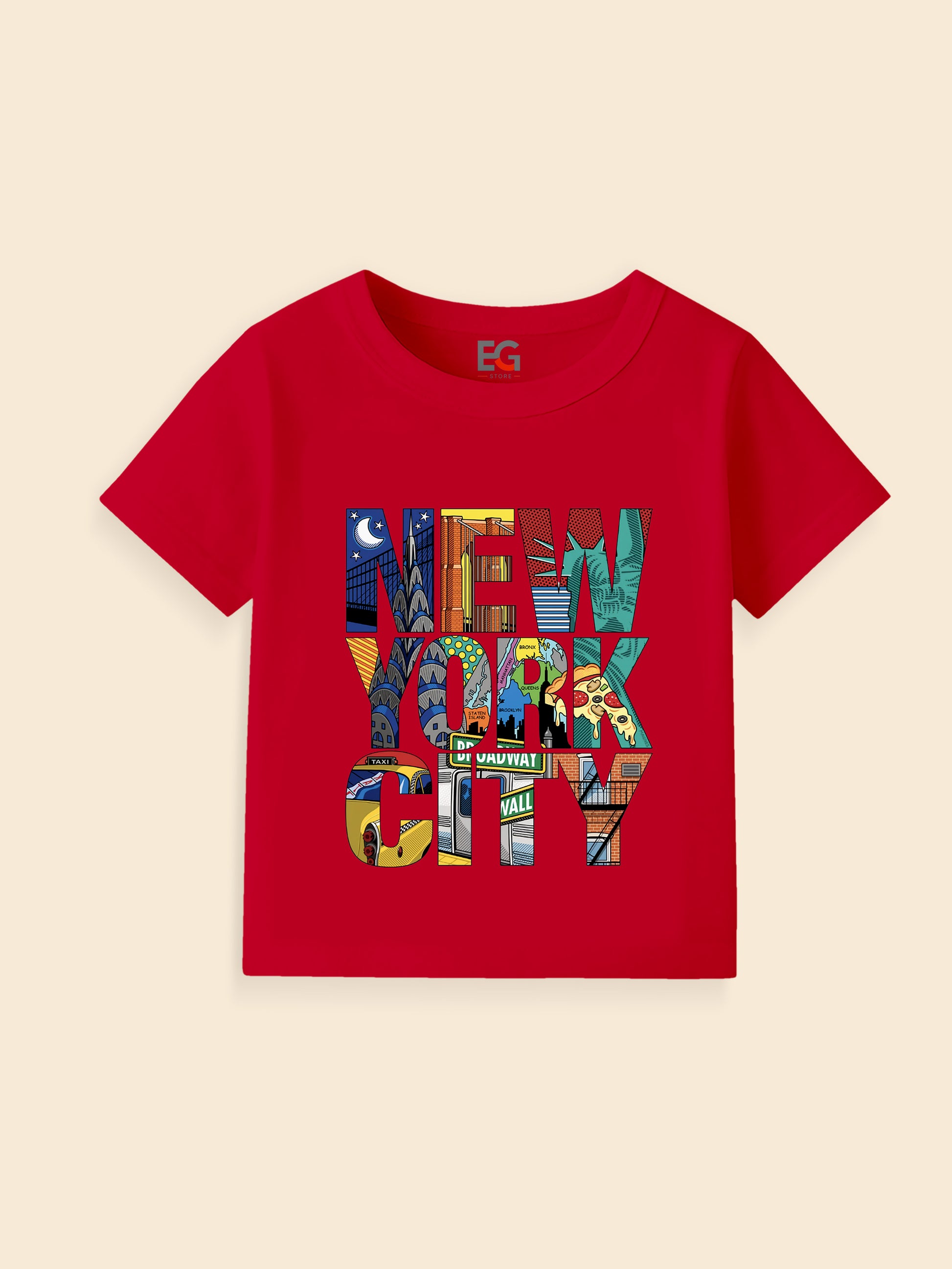 Red kids t-shirt featuring colorful New York City graphic text with iconic landmarks.