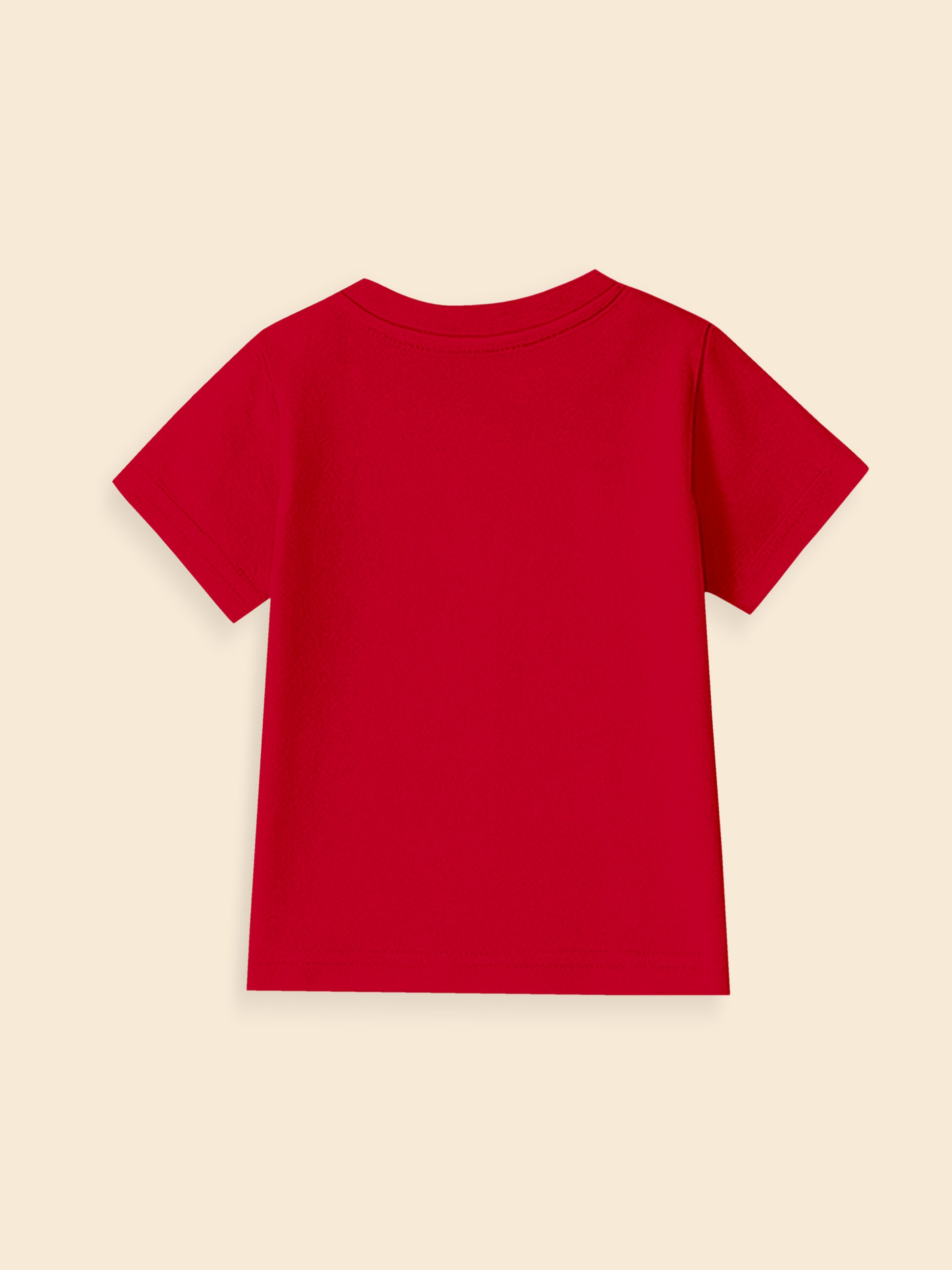 Back view of a plain red short sleeve t-shirt on a beige background