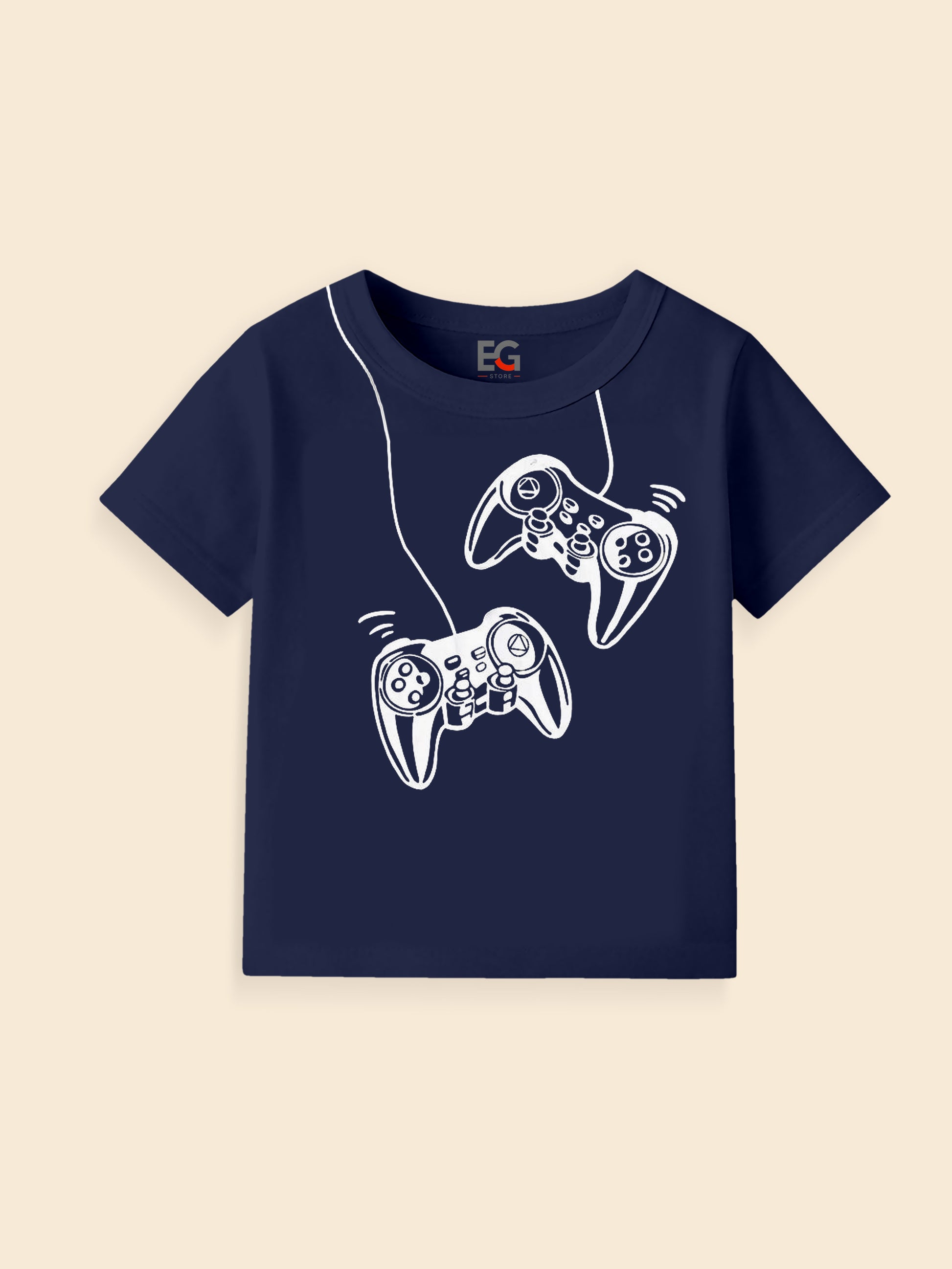 Navy blue kids t-shirt with white game controller graphic design