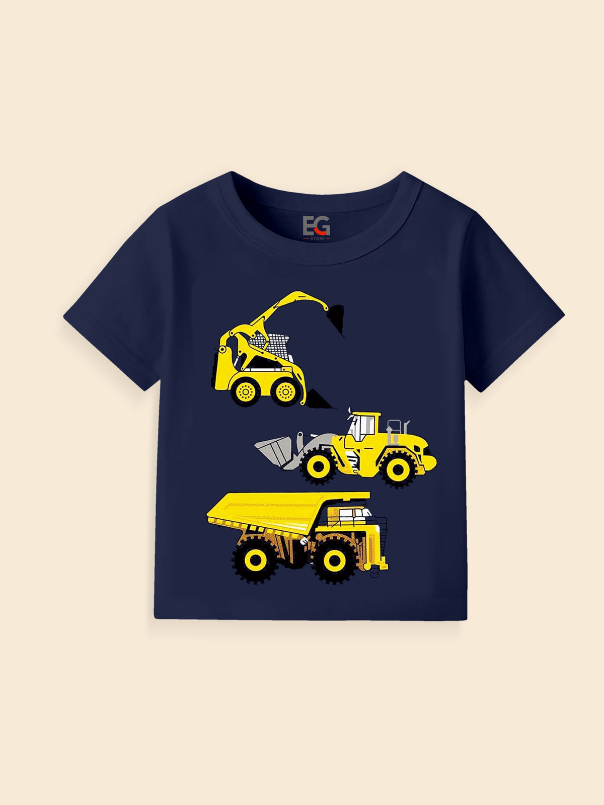Navy blue kids t-shirt with yellow construction vehicles graphic print