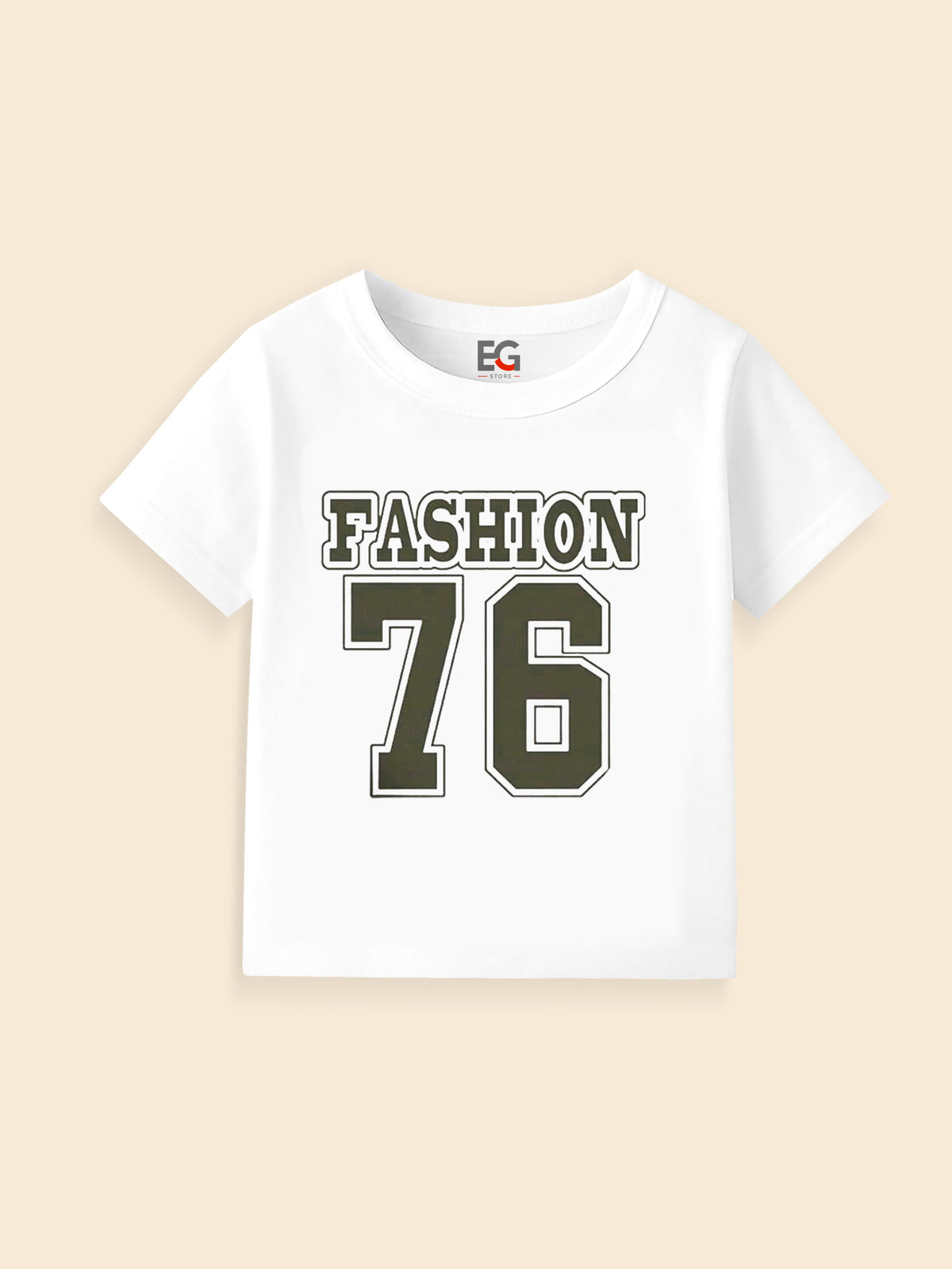 White kids' t-shirt with 'FASHION 76' print in bold olive letters, flat lay on beige background