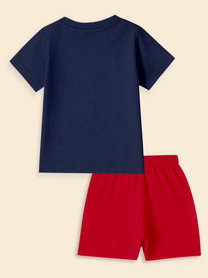 Navy blue short sleeve t-shirt and red elastic waist shorts kids clothing set
