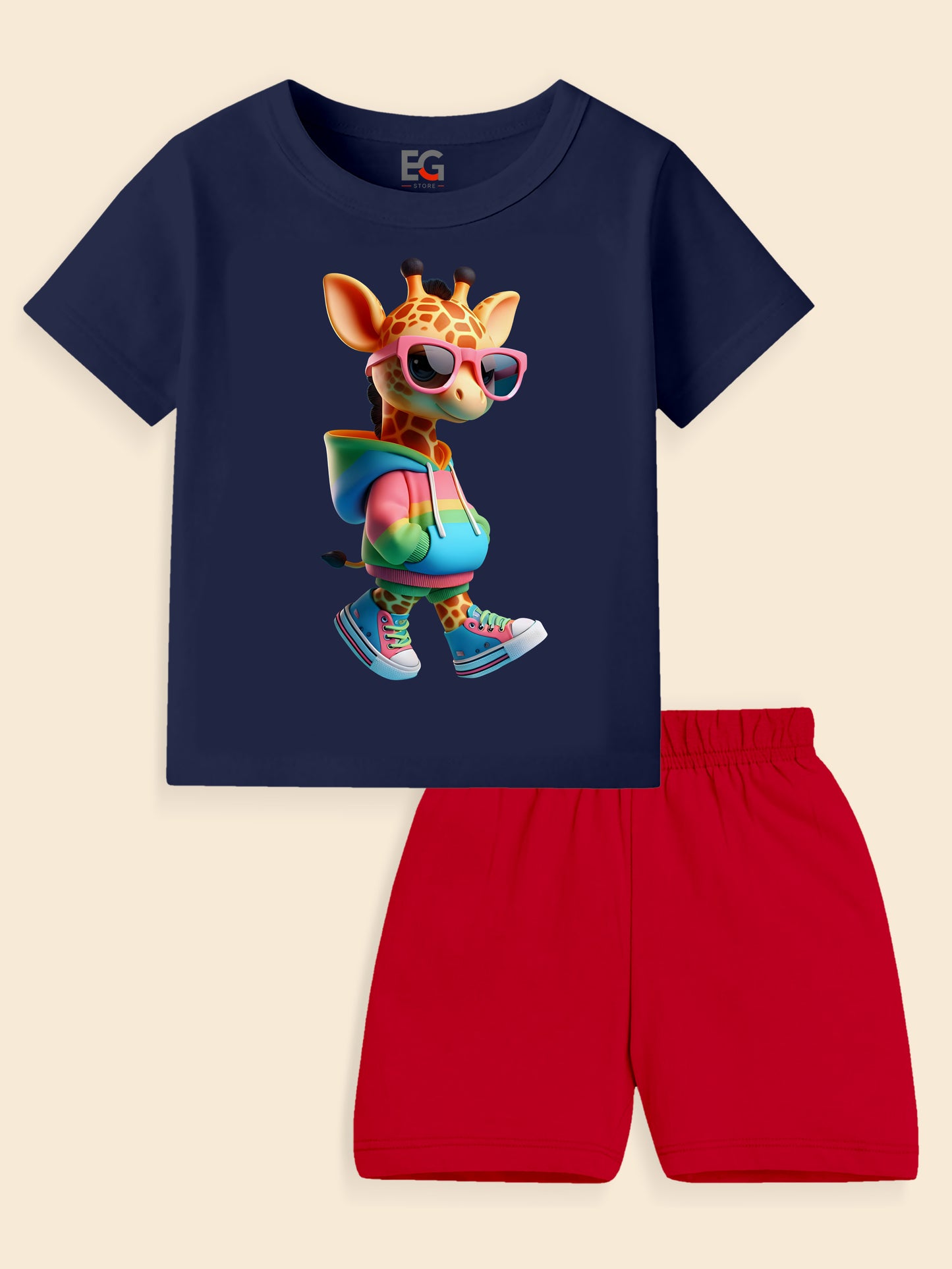 Kids' navy t-shirt with cool giraffe graphic, paired with bright red shorts