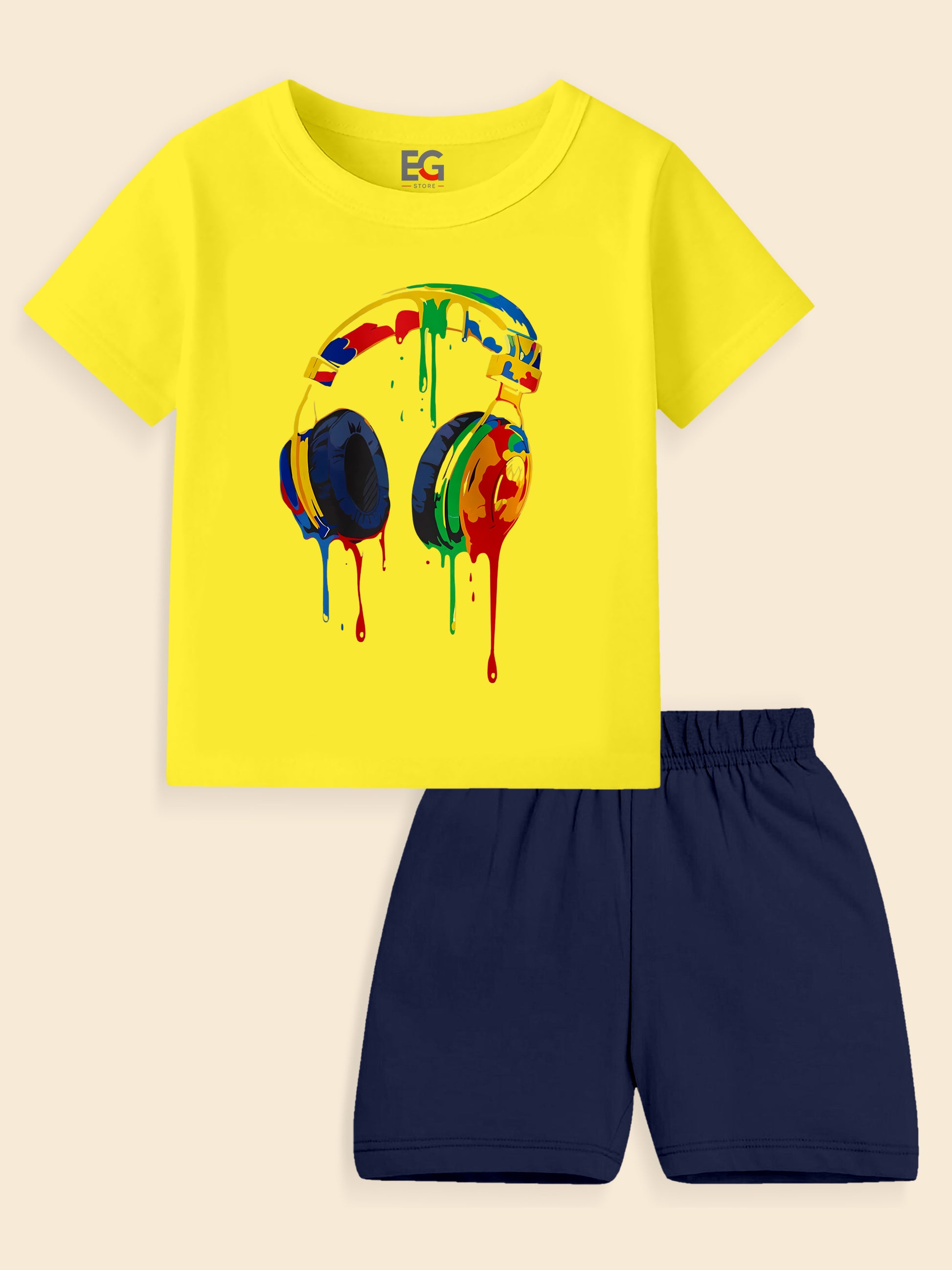 Yellow t-shirt with colorful headphone print and navy blue shorts kids clothing set