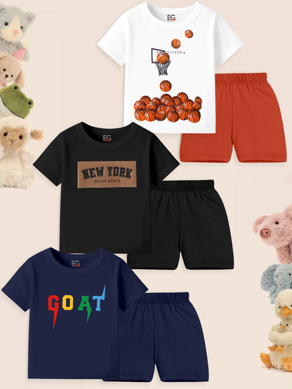 Three kids' t-shirt and shorts sets with playful designs, surrounded by plush toys