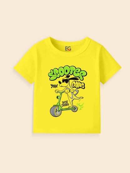 Yellow kids t-shirt with cartoon dog on a scooter and playful 'Scooter Gang' graphic.