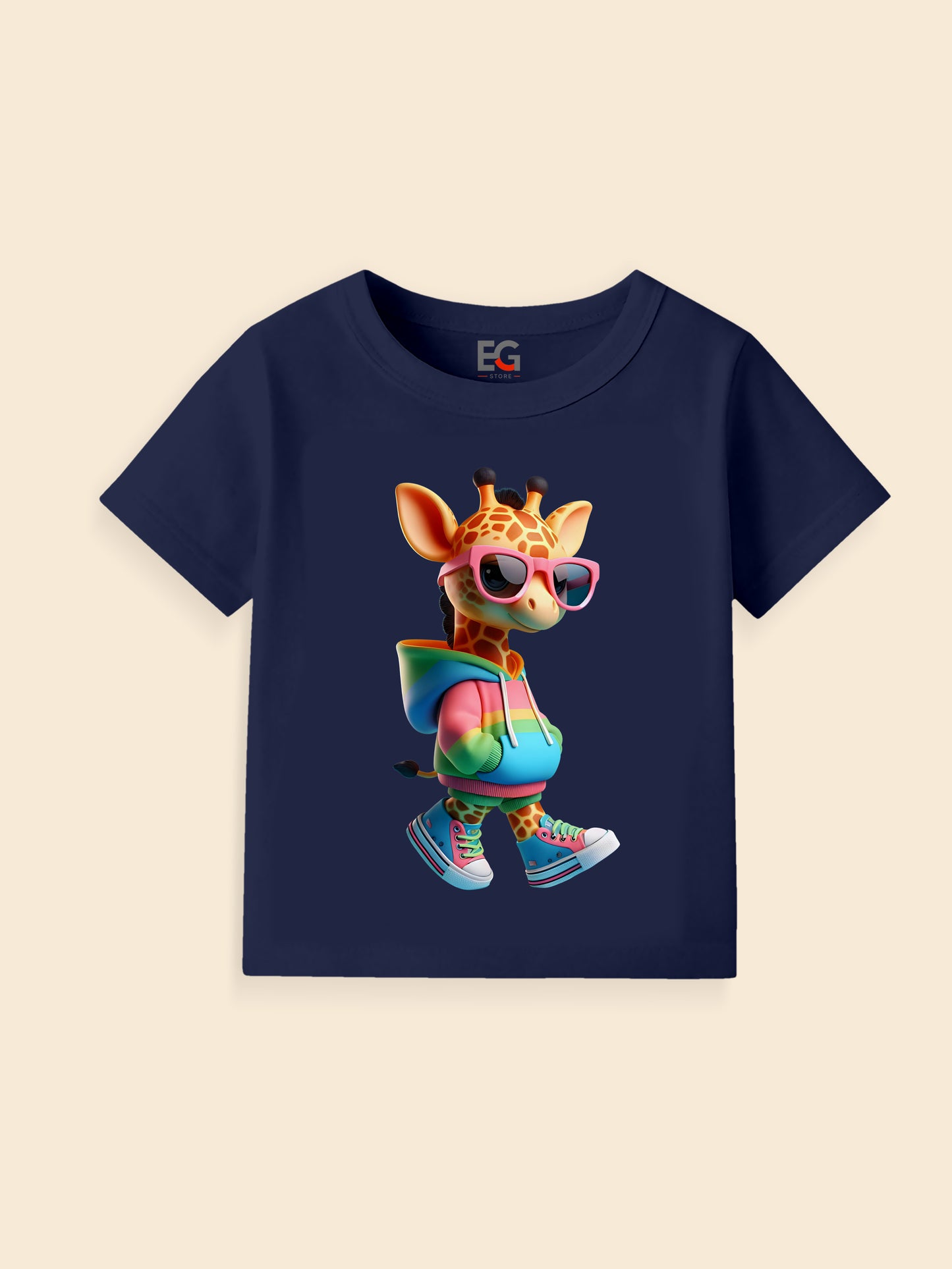 Kids navy t-shirt with a cartoon giraffe wearing sunglasses, a rainbow hoodie, and sneakers