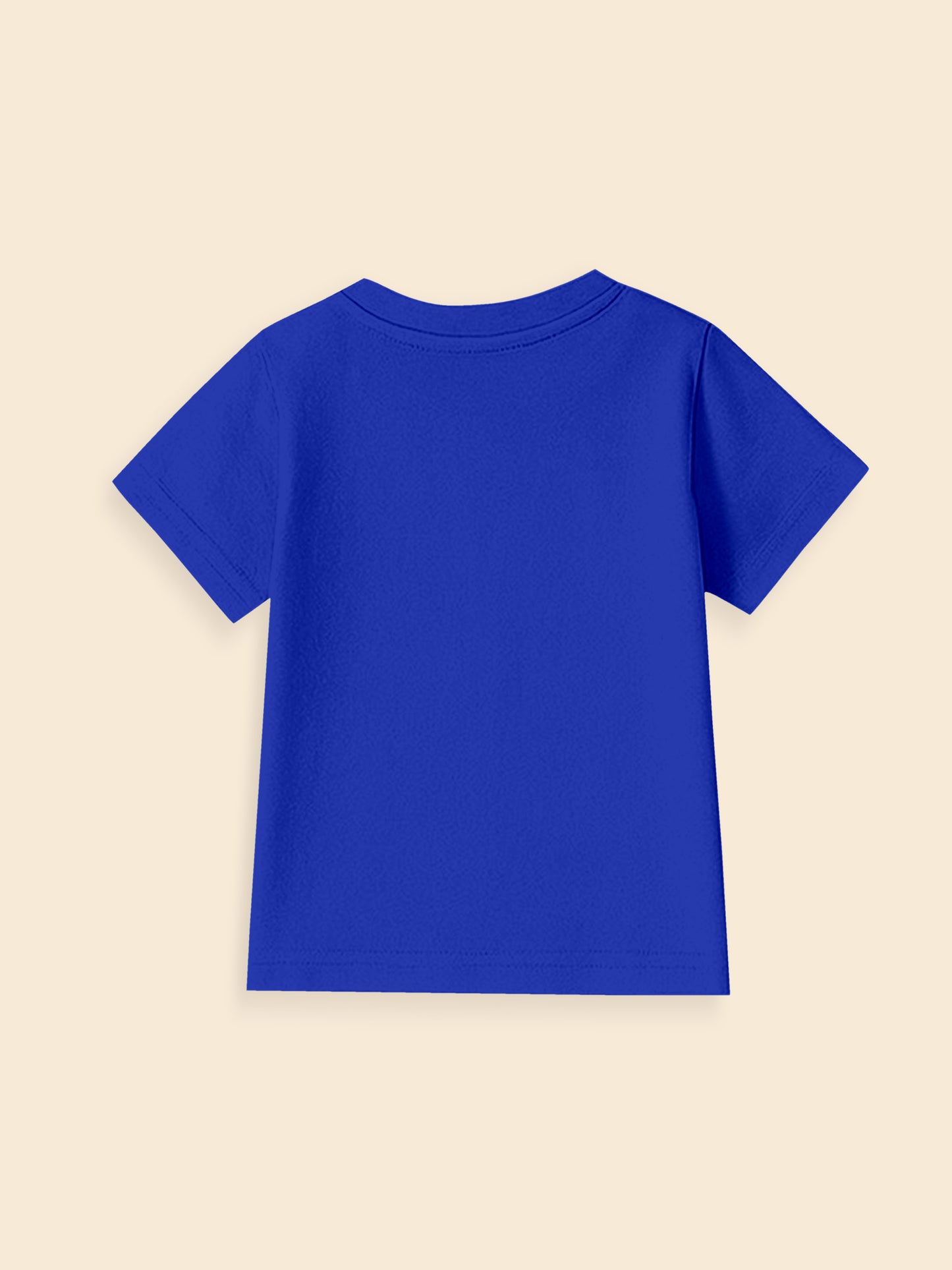 Back view of plain royal blue short sleeve t-shirt on beige background