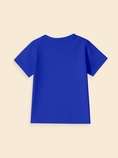 Back view of plain royal blue short sleeve t-shirt on beige background
