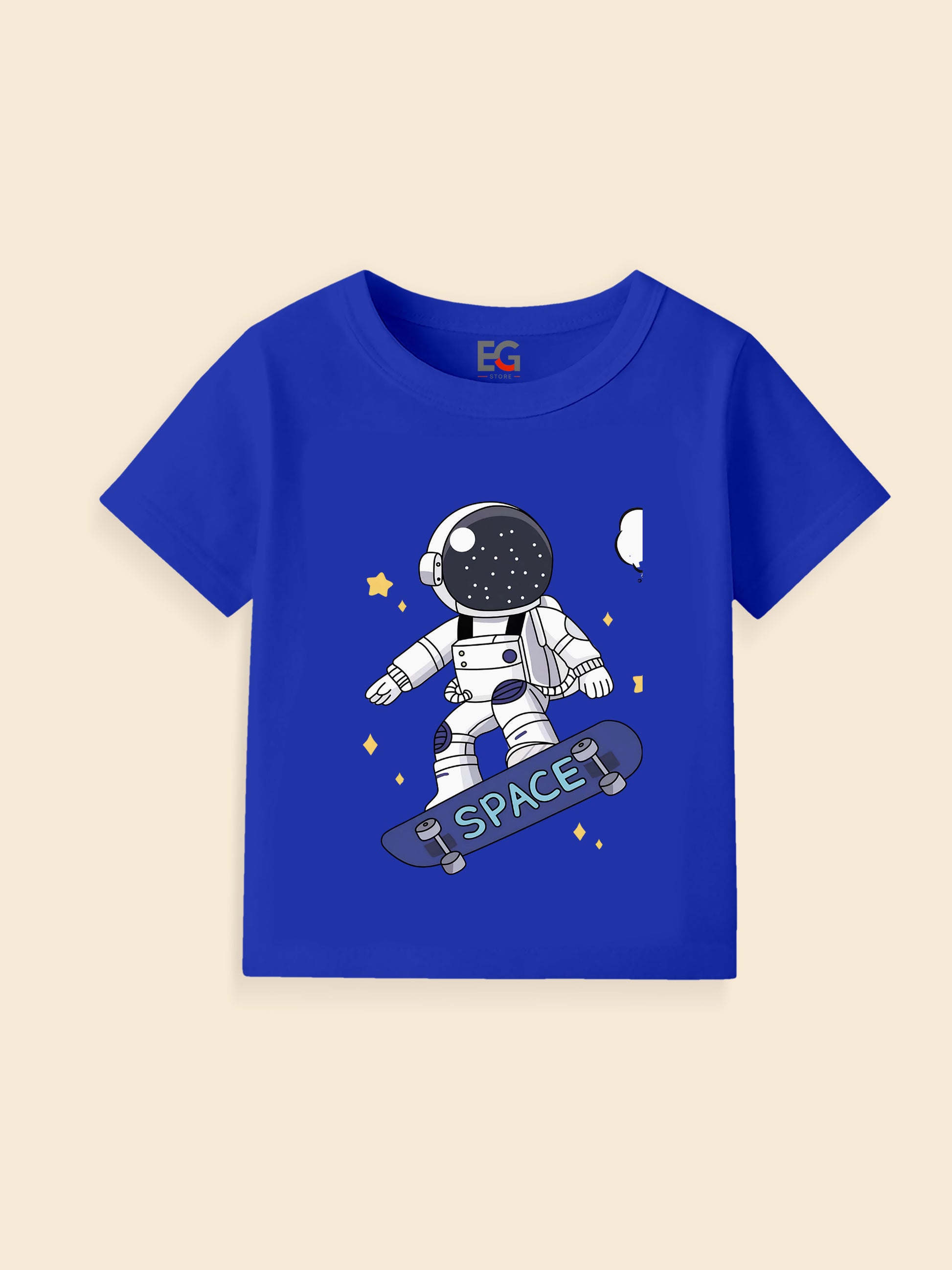 Blue kids t-shirt with astronaut skateboarding space design and yellow stars