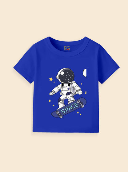 Blue kids t-shirt with astronaut skateboarding space design and yellow stars