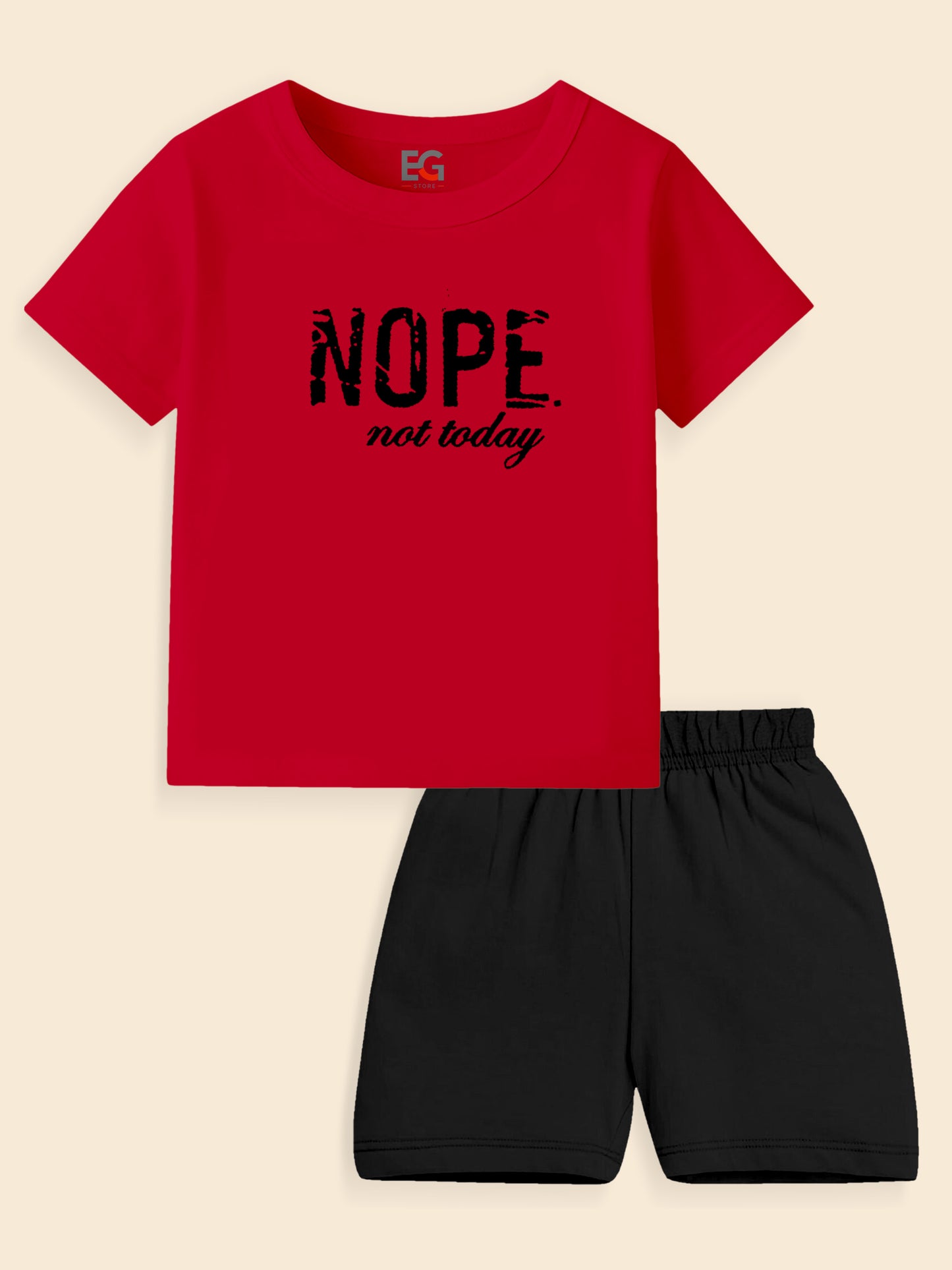 Red t-shirt with 'NOPE not today' text and black shorts set on beige background