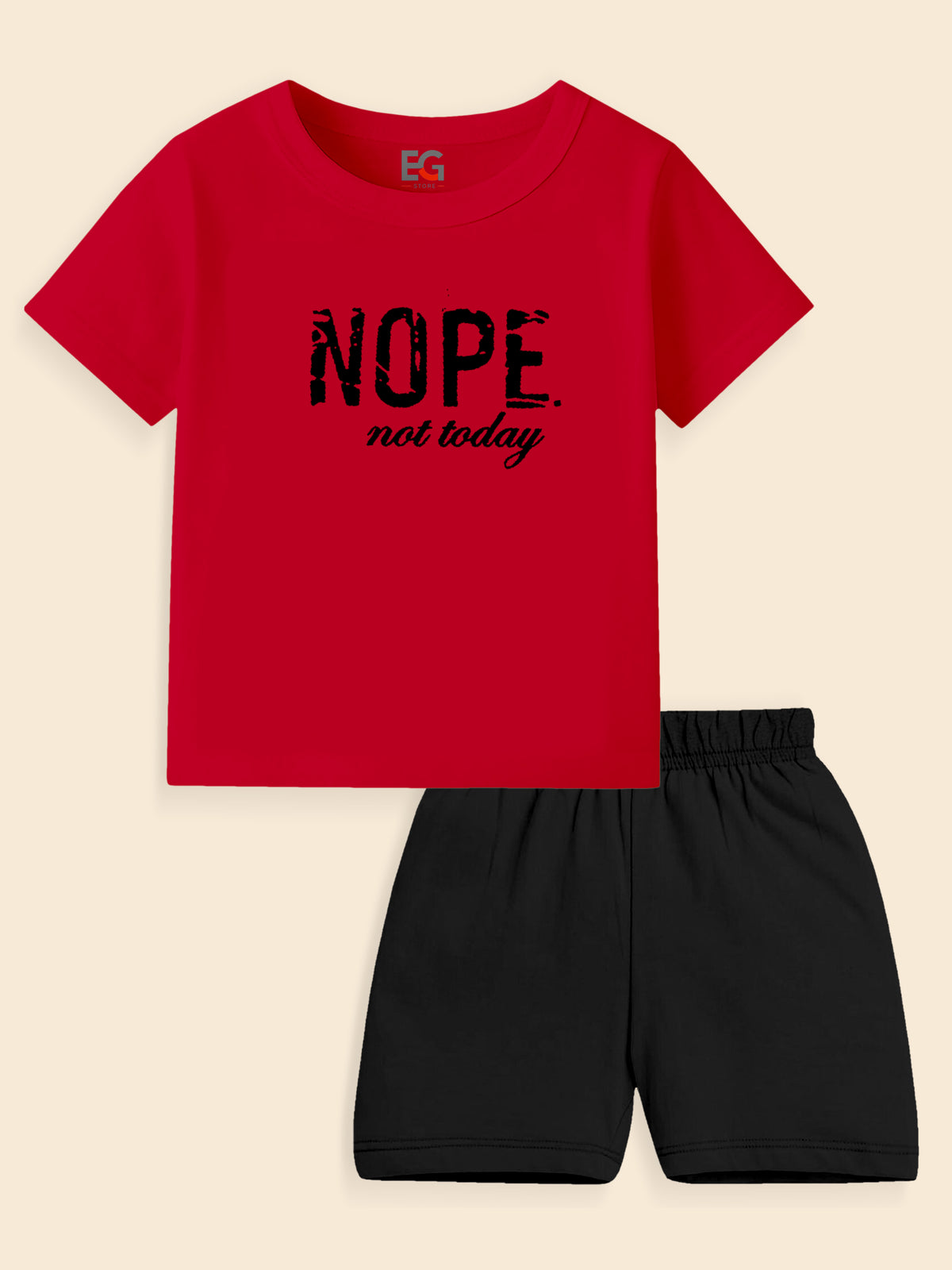 Red t-shirt with 'NOPE not today' text and black shorts set on beige background