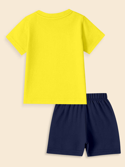 Yellow short sleeve t-shirt and navy blue shorts kids clothing set on beige background