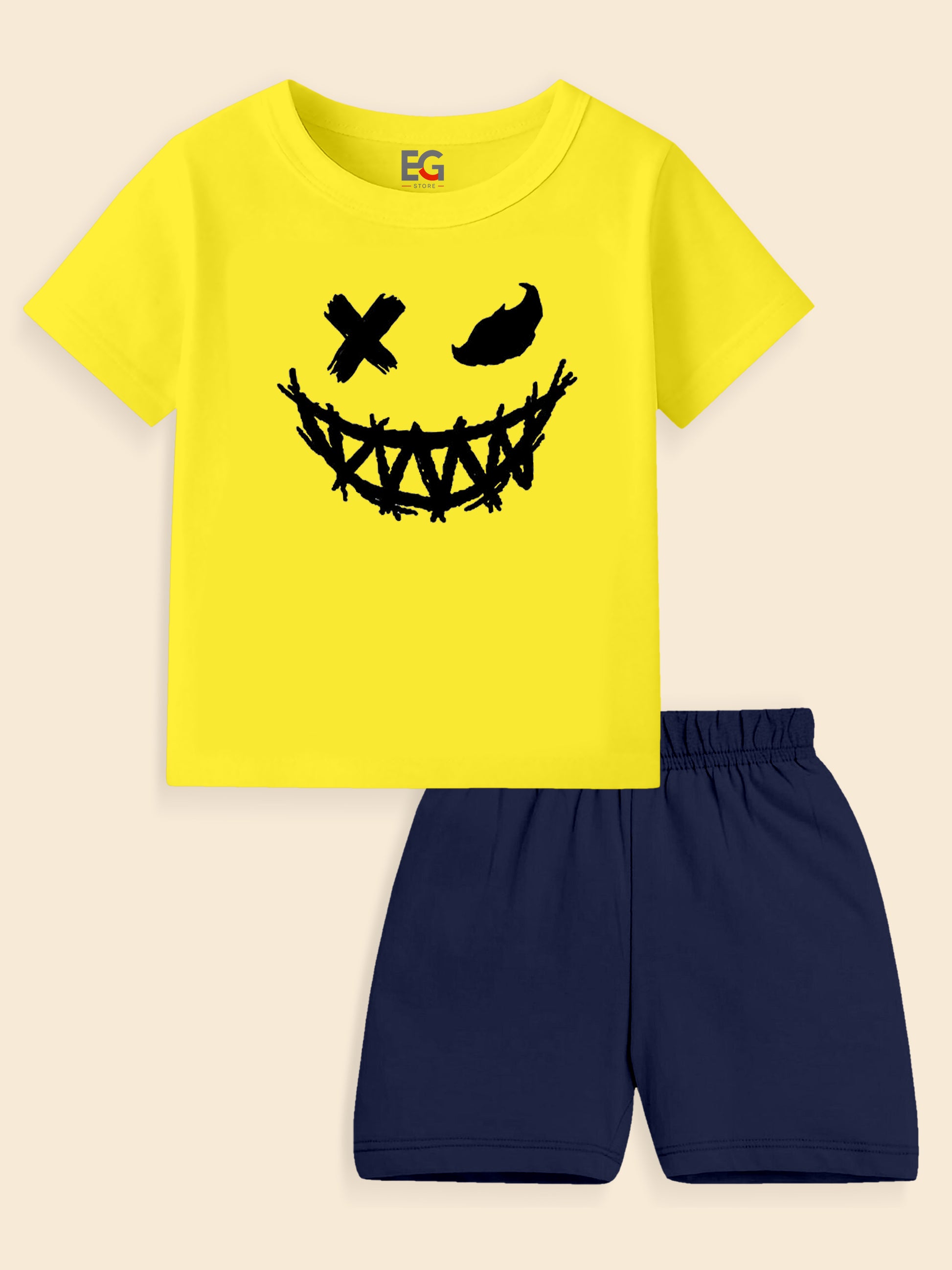 Kids yellow t-shirt with black graphic smiley face and navy blue shorts set