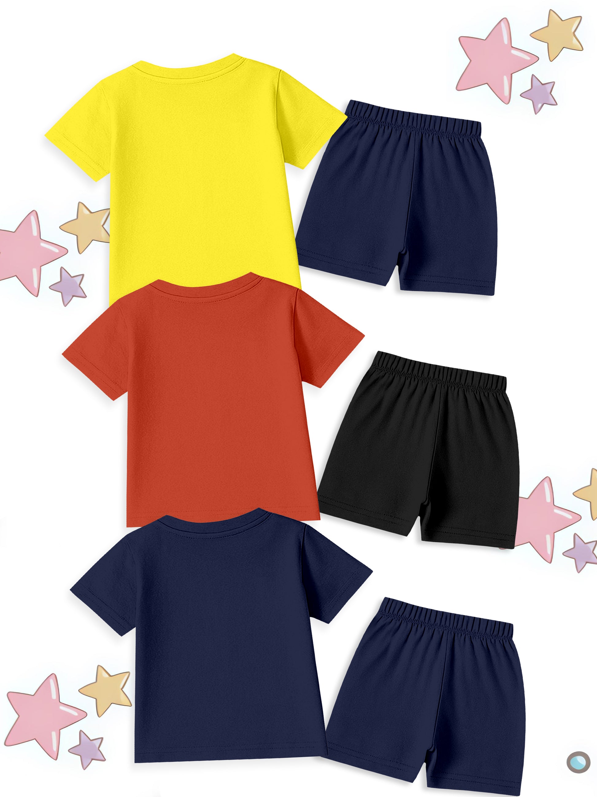 Kids' t-shirt and shorts sets in yellow, red, and navy blue with star decorations