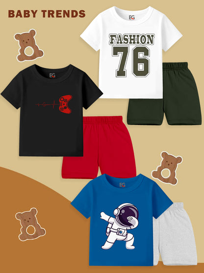 Trendy baby boy graphic t-shirt and shorts sets with fashion, gamer, and astronaut designs.