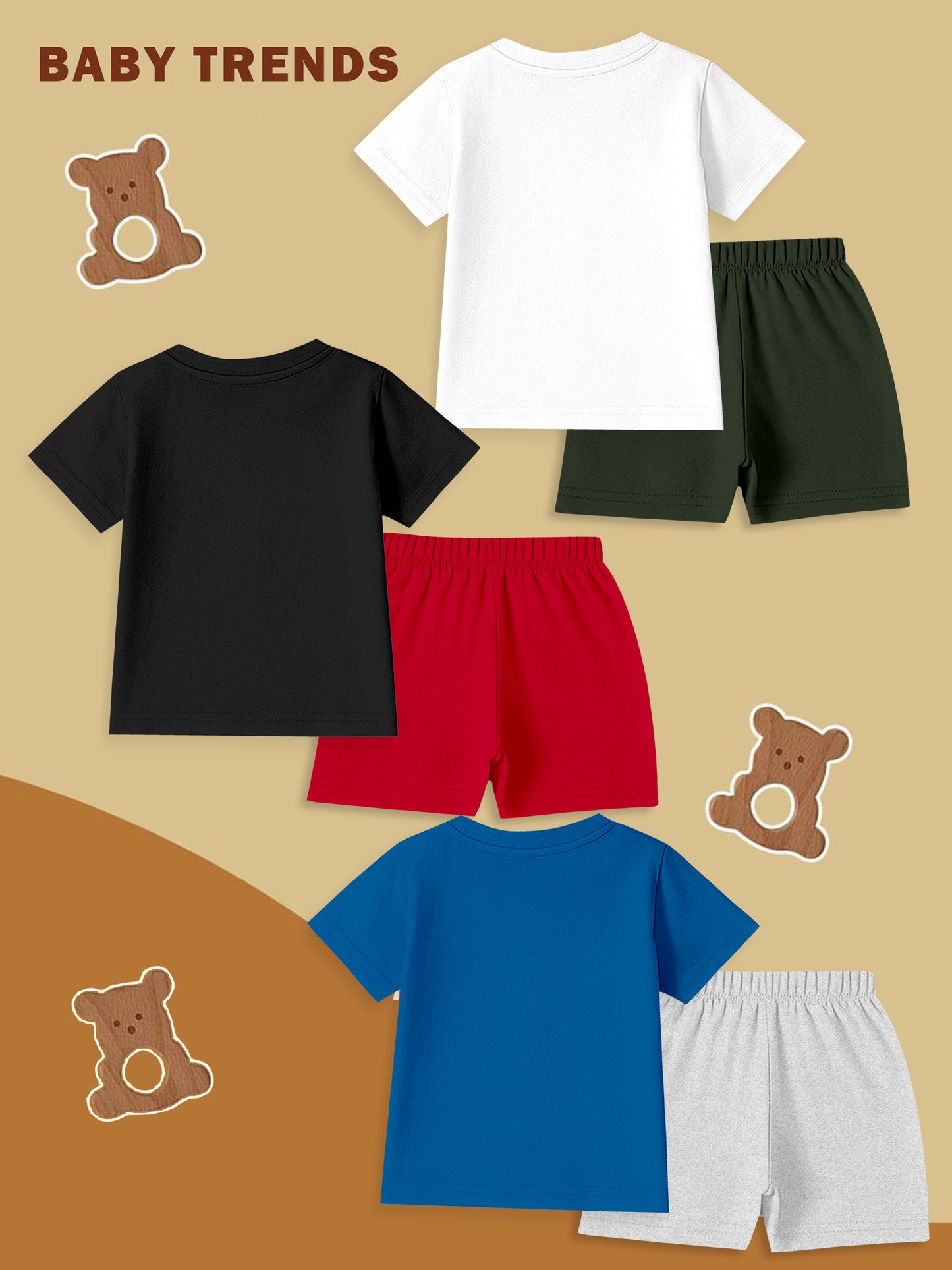Colorful baby t-shirt and shorts sets with teddy bear illustrations on neutral background