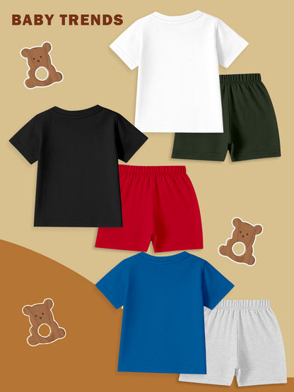Colorful baby t-shirt and shorts sets with teddy bear illustrations on neutral background