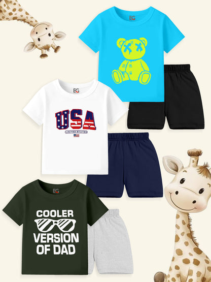 Kids summer outfit sets with graphic tees and shorts, cartoon giraffes background